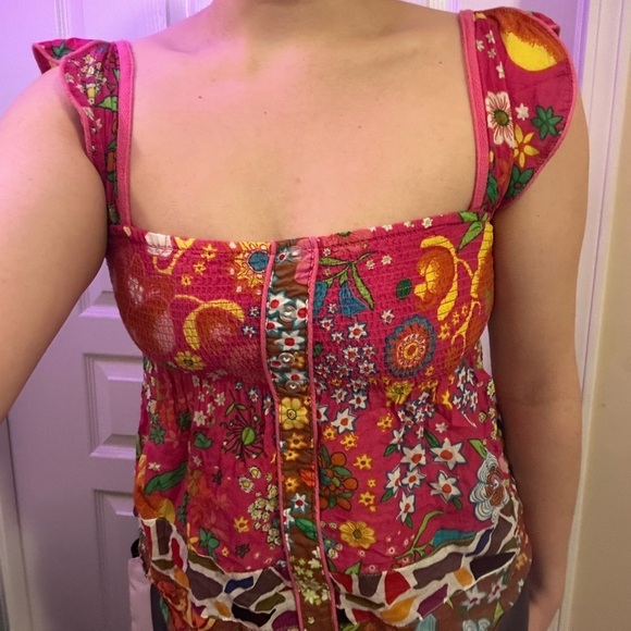 Vintage Tops - 100% cotton Floral Pink Women's colorful summer vintage top ruffle sleeve